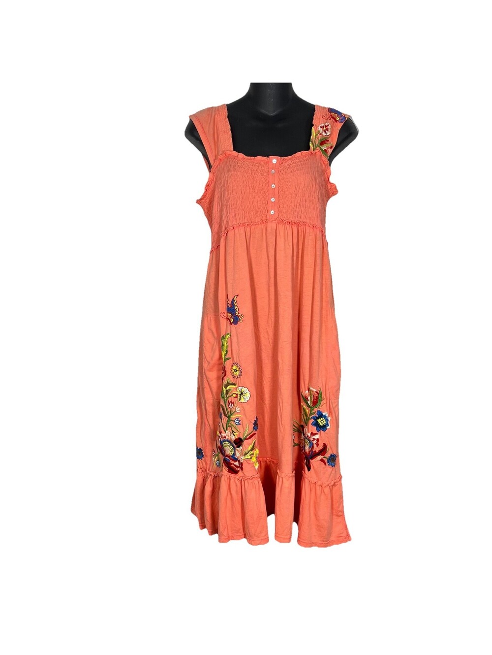 NWT Johnny Was Sleeveless Coral Boho Embroidered Smocked Midi Dress Women’s L